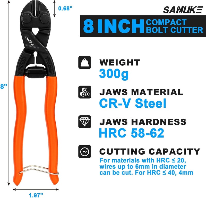Sanuke 8-inch Mini Bolt Cutter with Recess and Spring, Heavy Duty Bolt Cutter with Security Lock, Ergonomic Handle, CR-V Steel Blade for Wire, Cables, Small Screws - Image 1